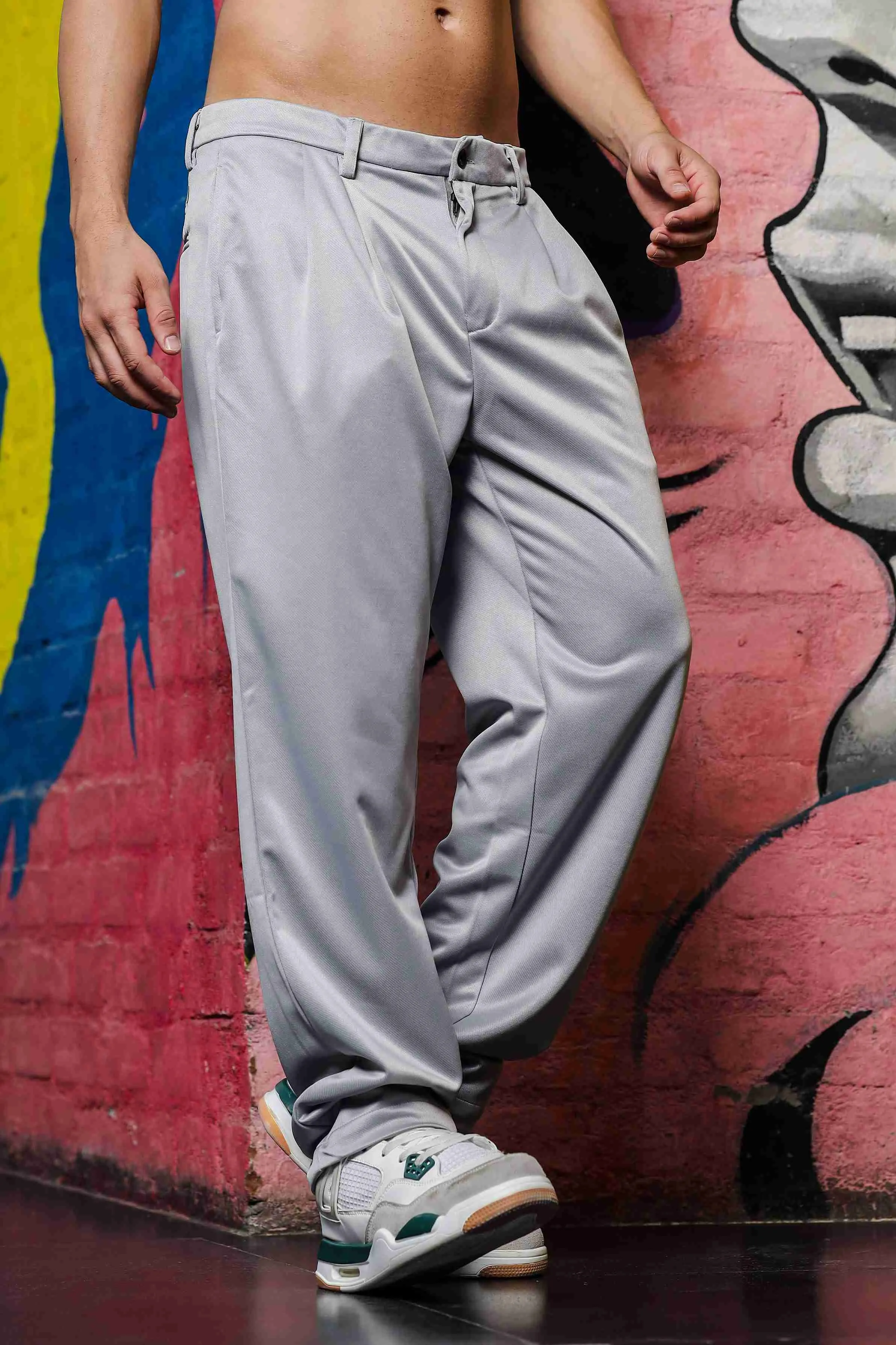 Grey Baggy fit Double Pleated Korean Trousers