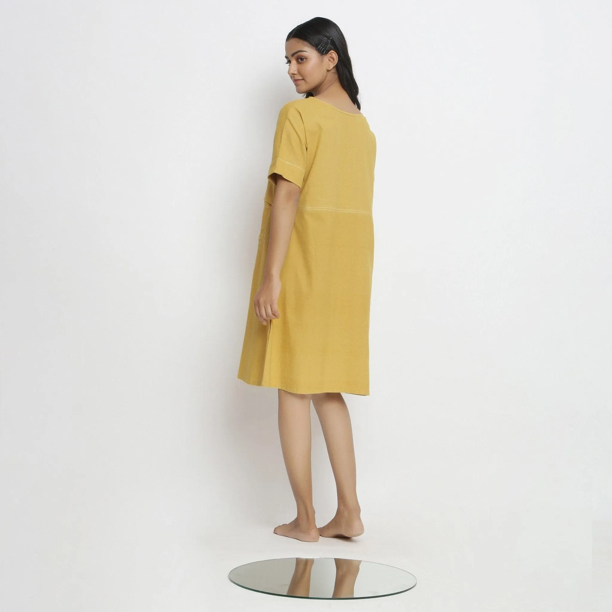 Lemon Yellow Handspun Cotton Knee Length Yoked Dress