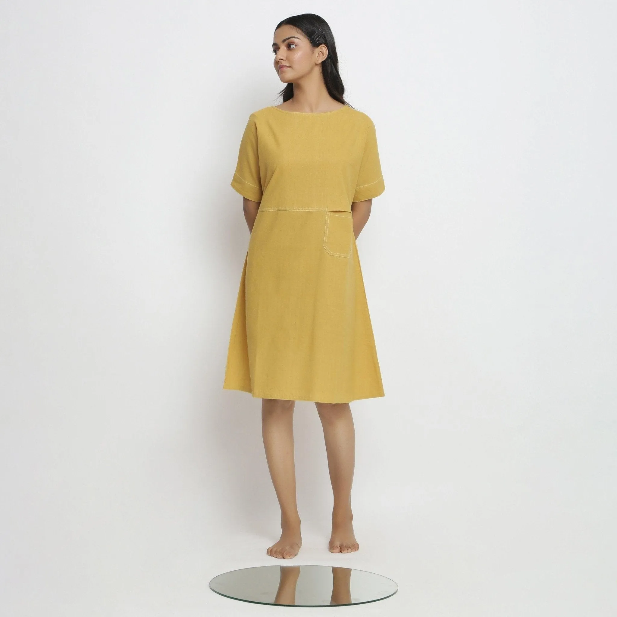 Lemon Yellow Handspun Cotton Knee Length Yoked Dress