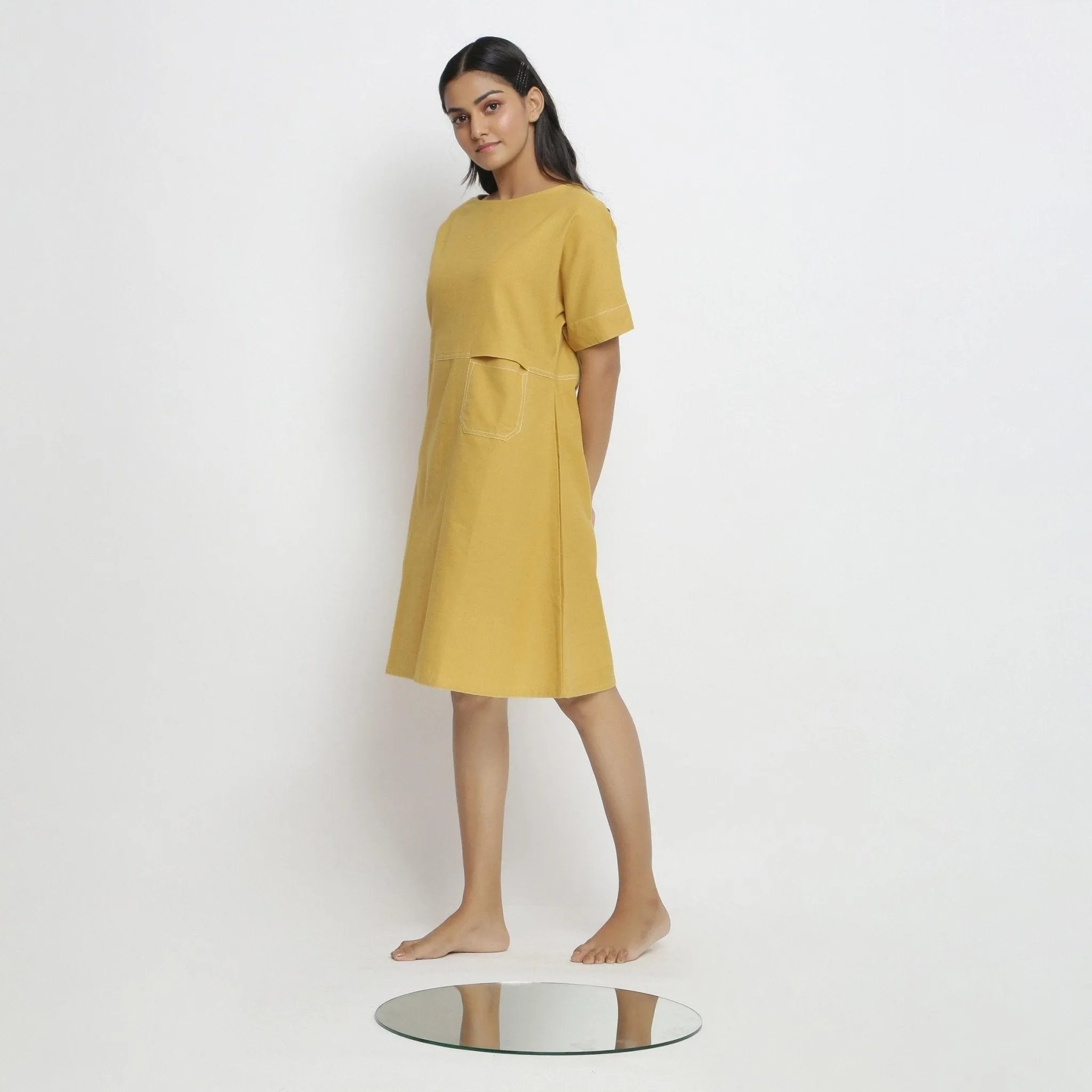 Lemon Yellow Handspun Cotton Knee Length Yoked Dress