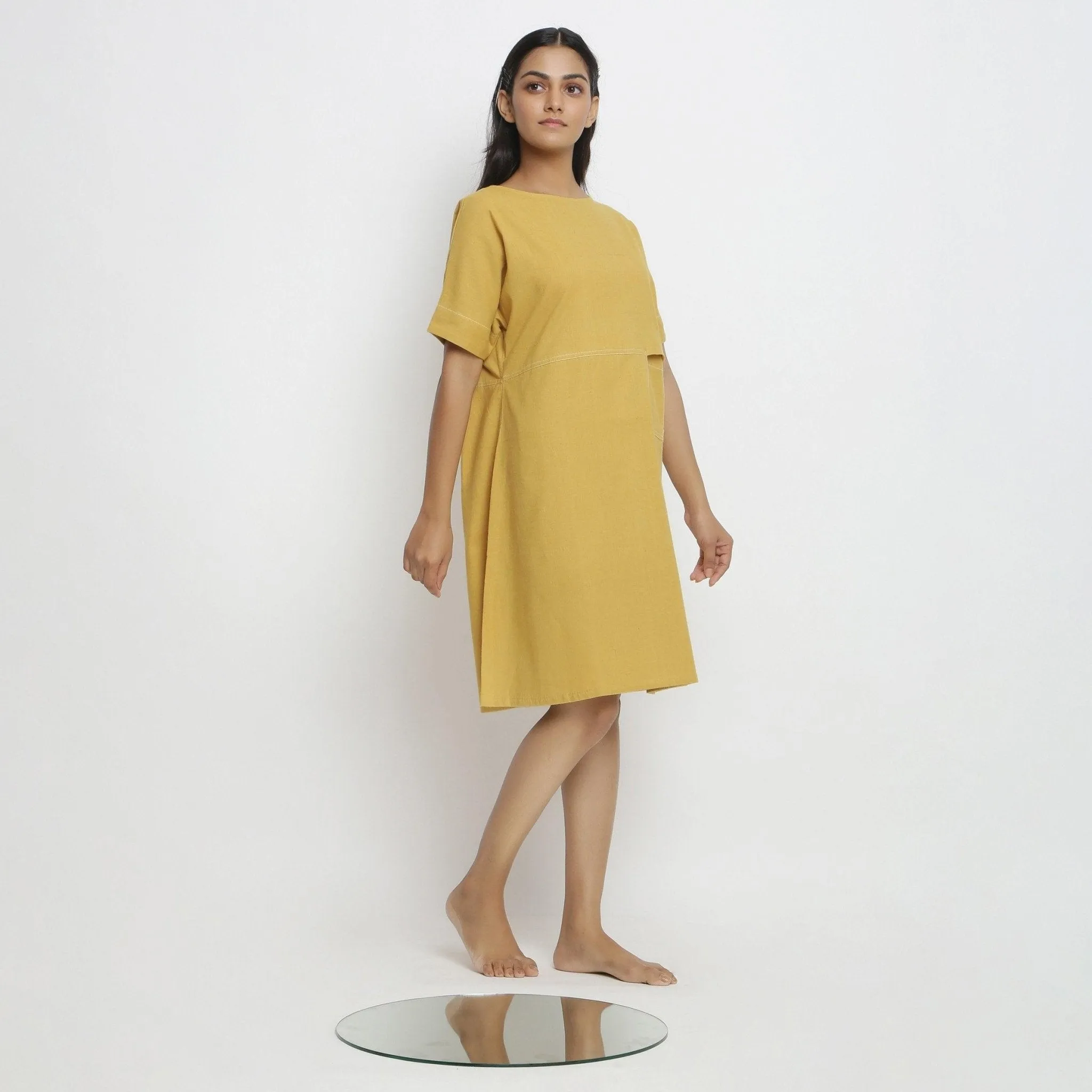 Lemon Yellow Handspun Cotton Knee Length Yoked Dress