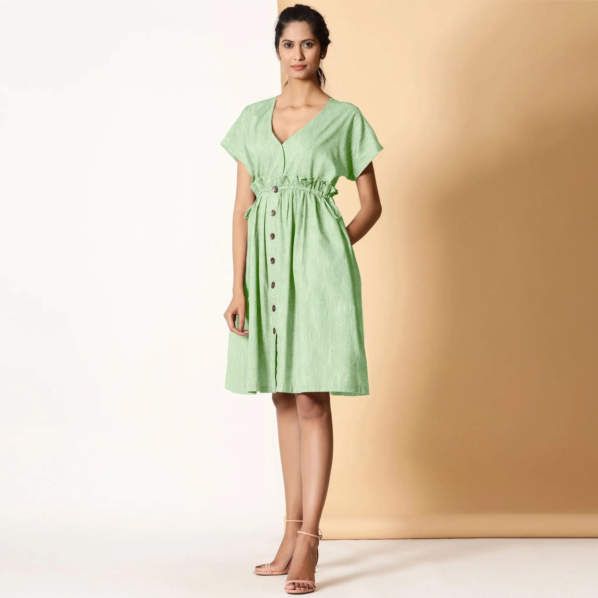 Light Green Frilled Cotton Knee Length Bohemian Dress