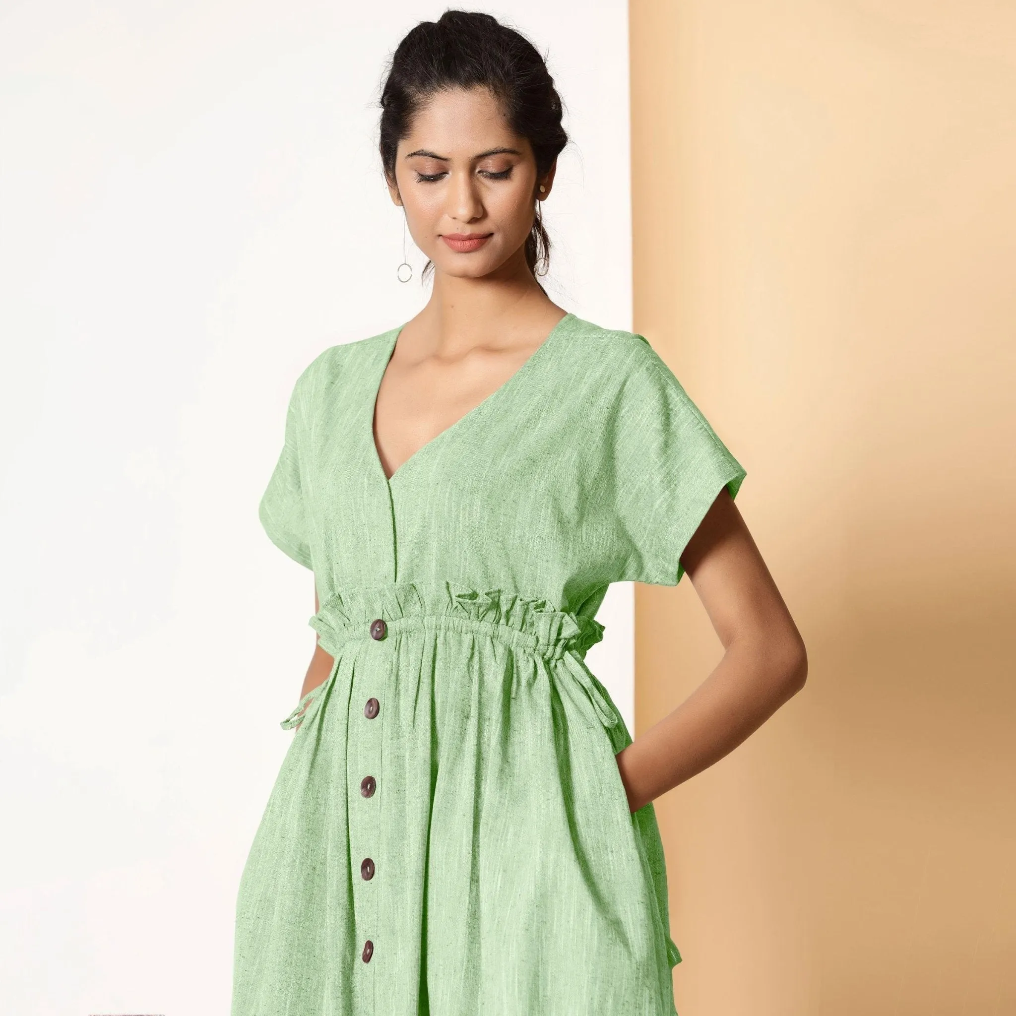 Light Green Frilled Cotton Knee Length Bohemian Dress