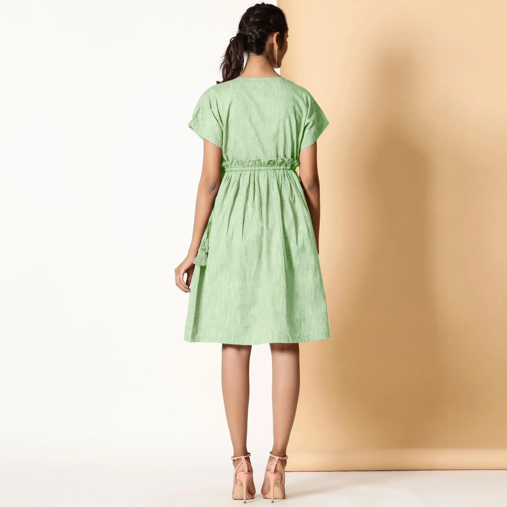 Light Green Frilled Cotton Knee Length Bohemian Dress