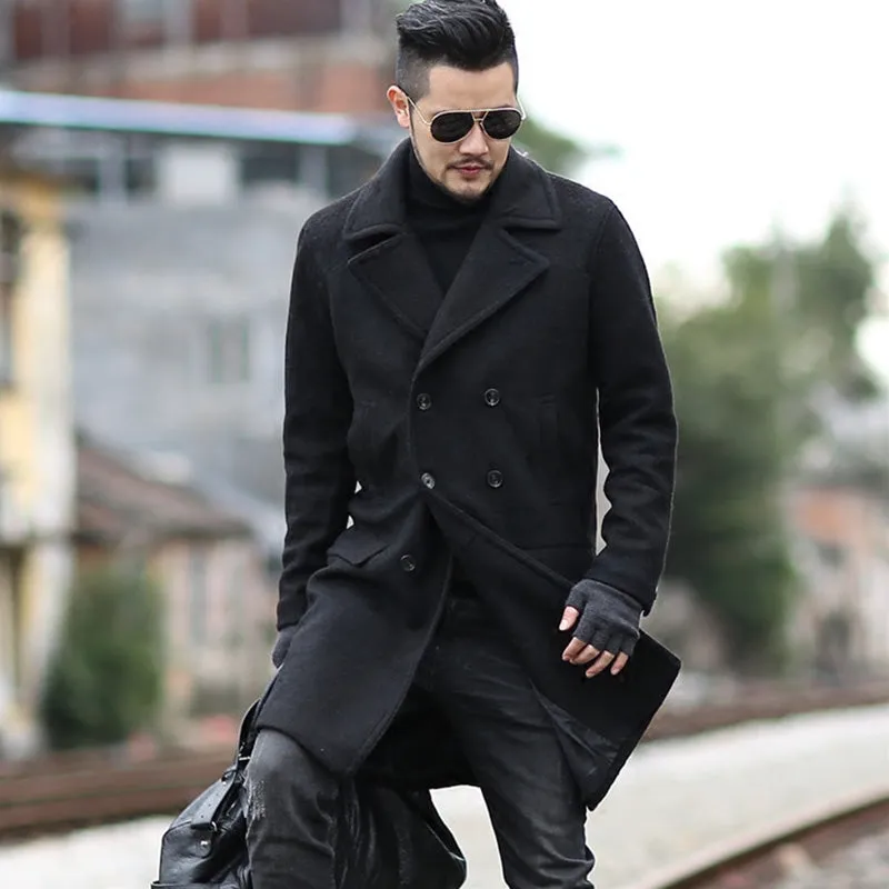 Men's Winter Woolen Double Breasted Long Coat
