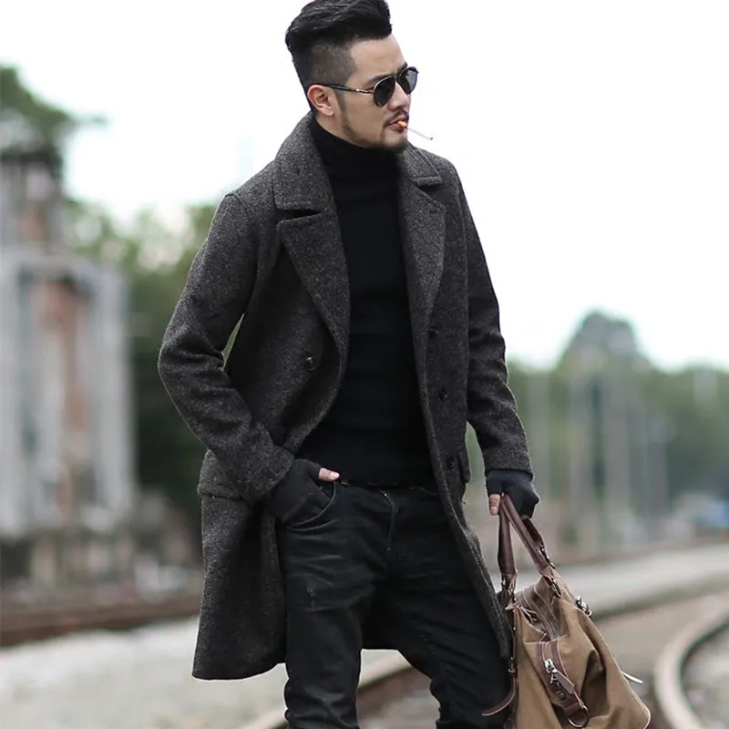 Men's Winter Woolen Double Breasted Long Coat