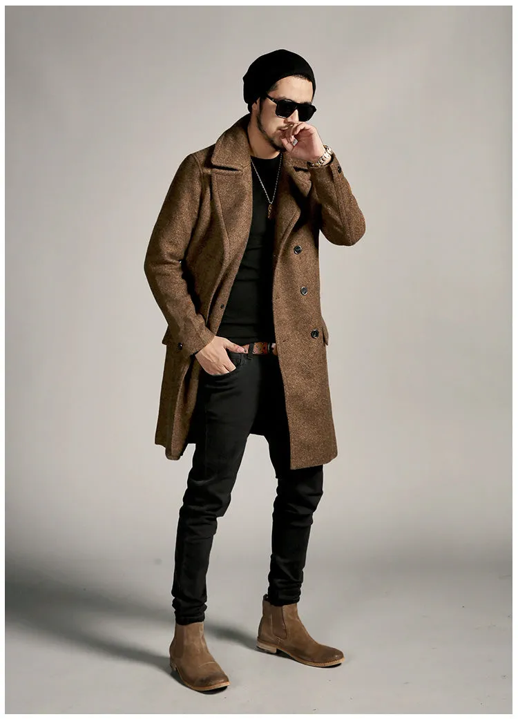 Men's Winter Woolen Double Breasted Long Coat