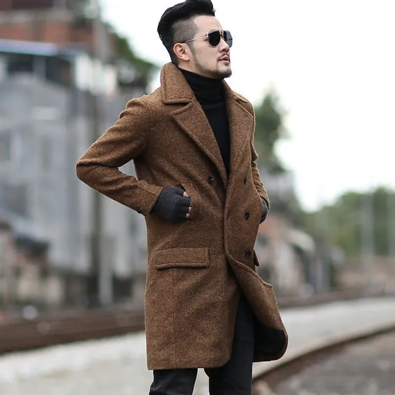 Men's Winter Woolen Double Breasted Long Coat