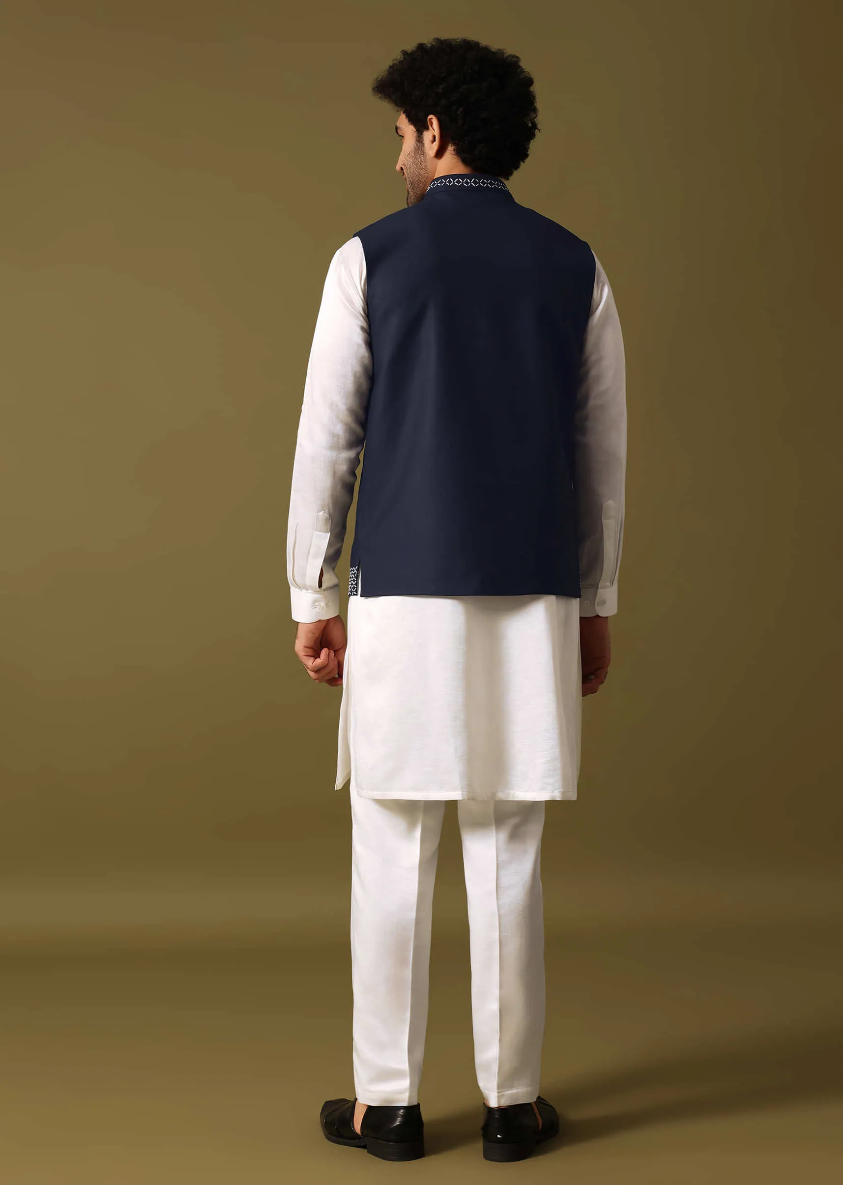 Navy Blue Kurta Jacket Set With Resham Work For Men