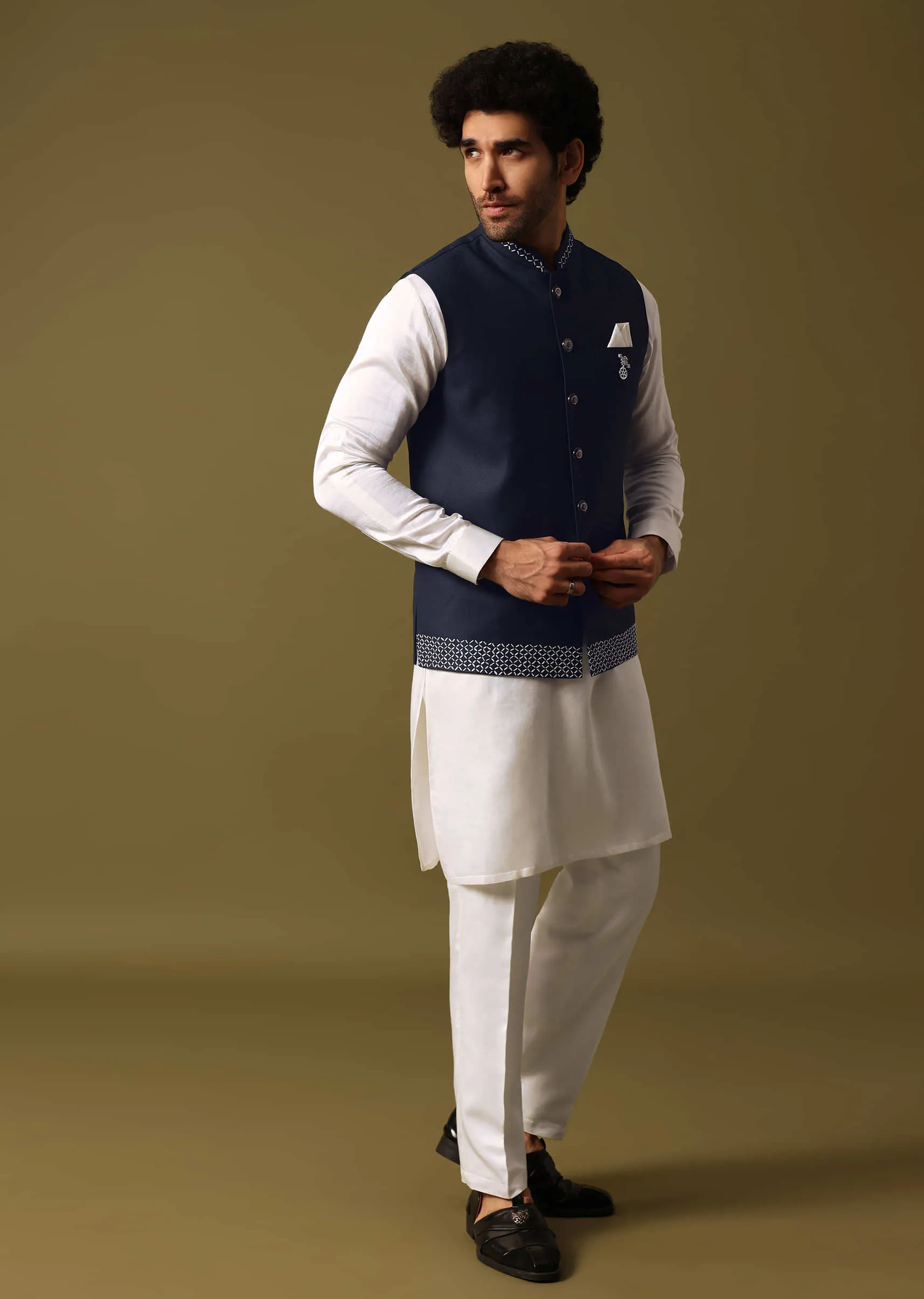 Navy Blue Kurta Jacket Set With Resham Work For Men