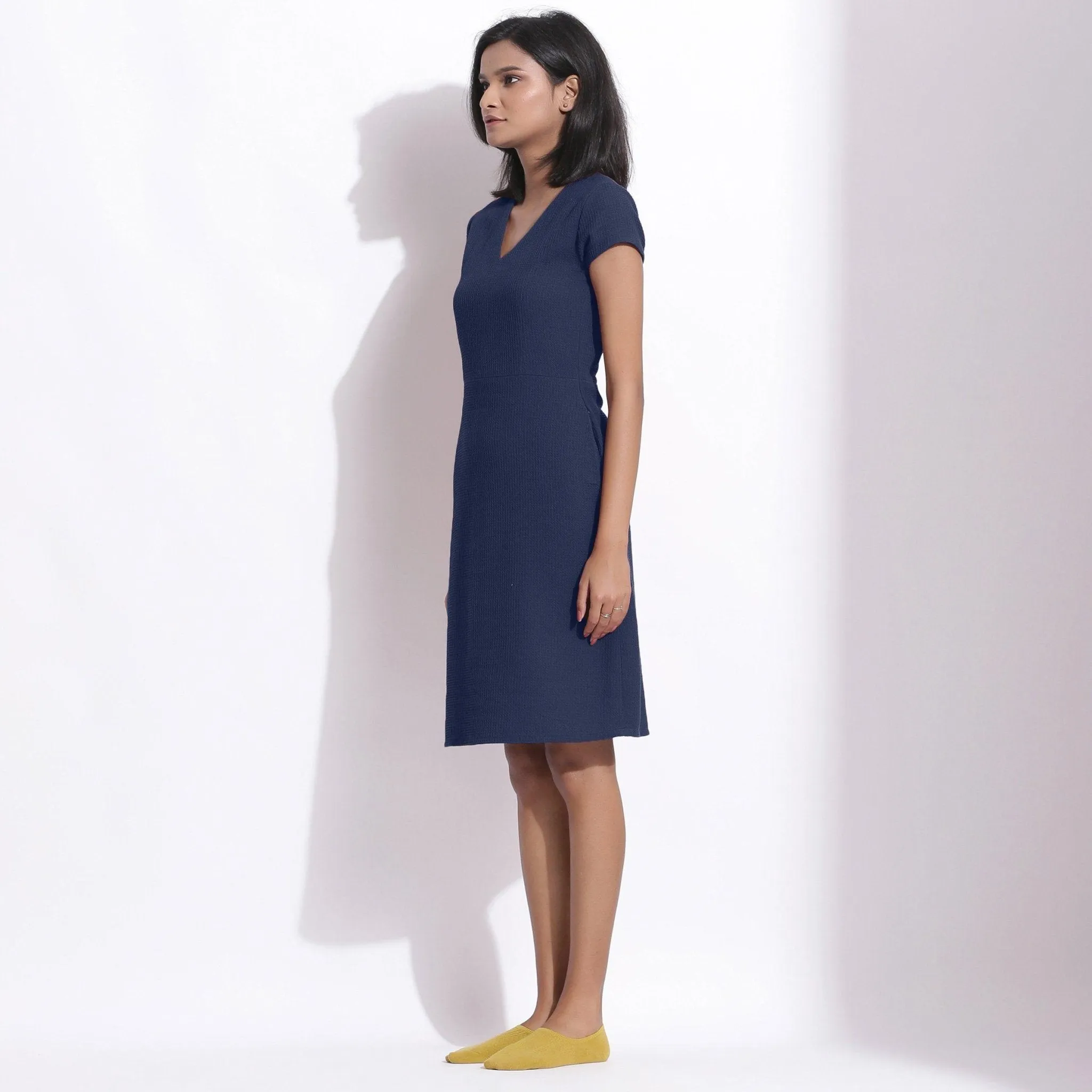 Navy Blue Warm Cotton Waffle Knee Length Paneled Dress