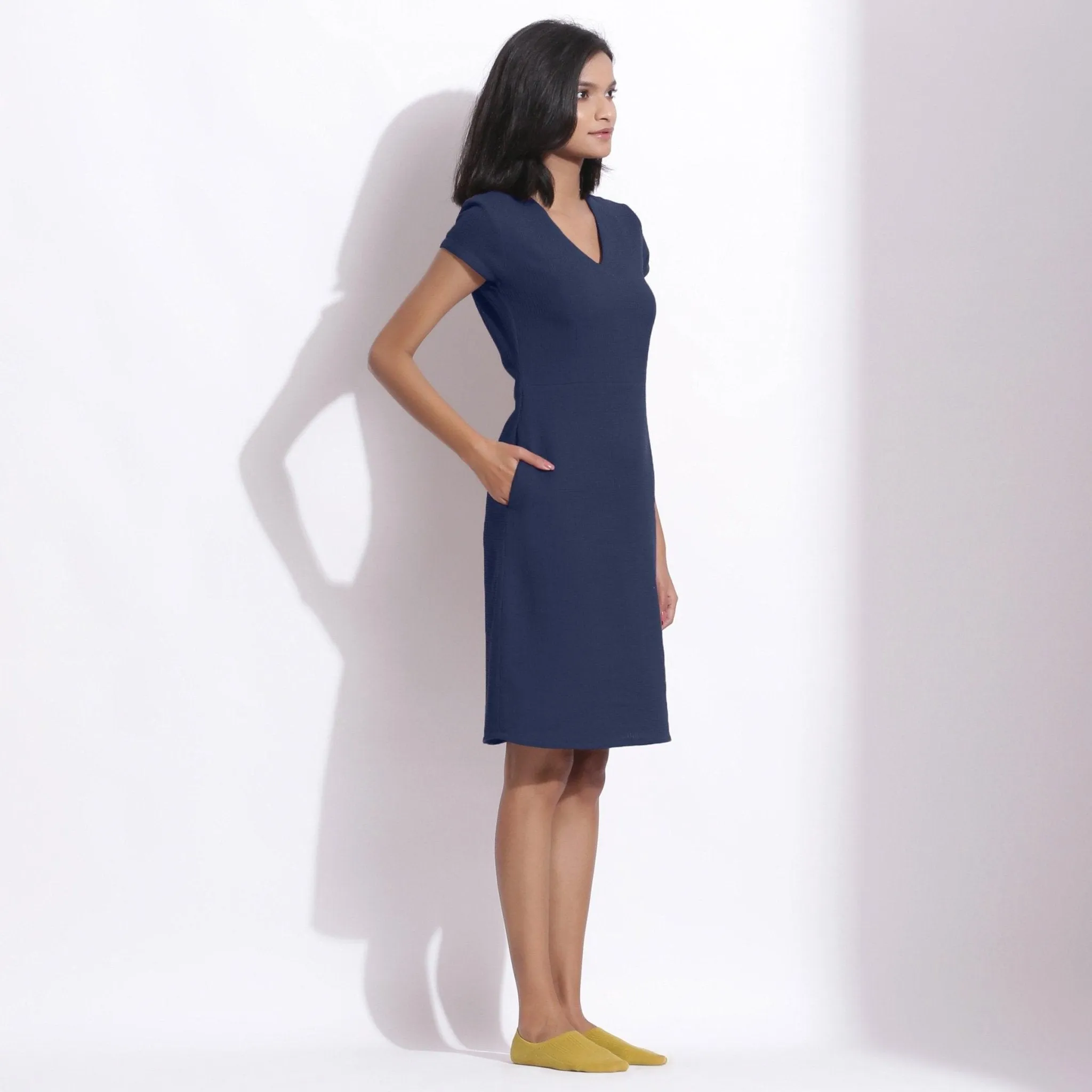 Navy Blue Warm Cotton Waffle Knee Length Paneled Dress