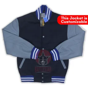Navy Blue Wool Gray Leather Sleeves Varsity Jacket
