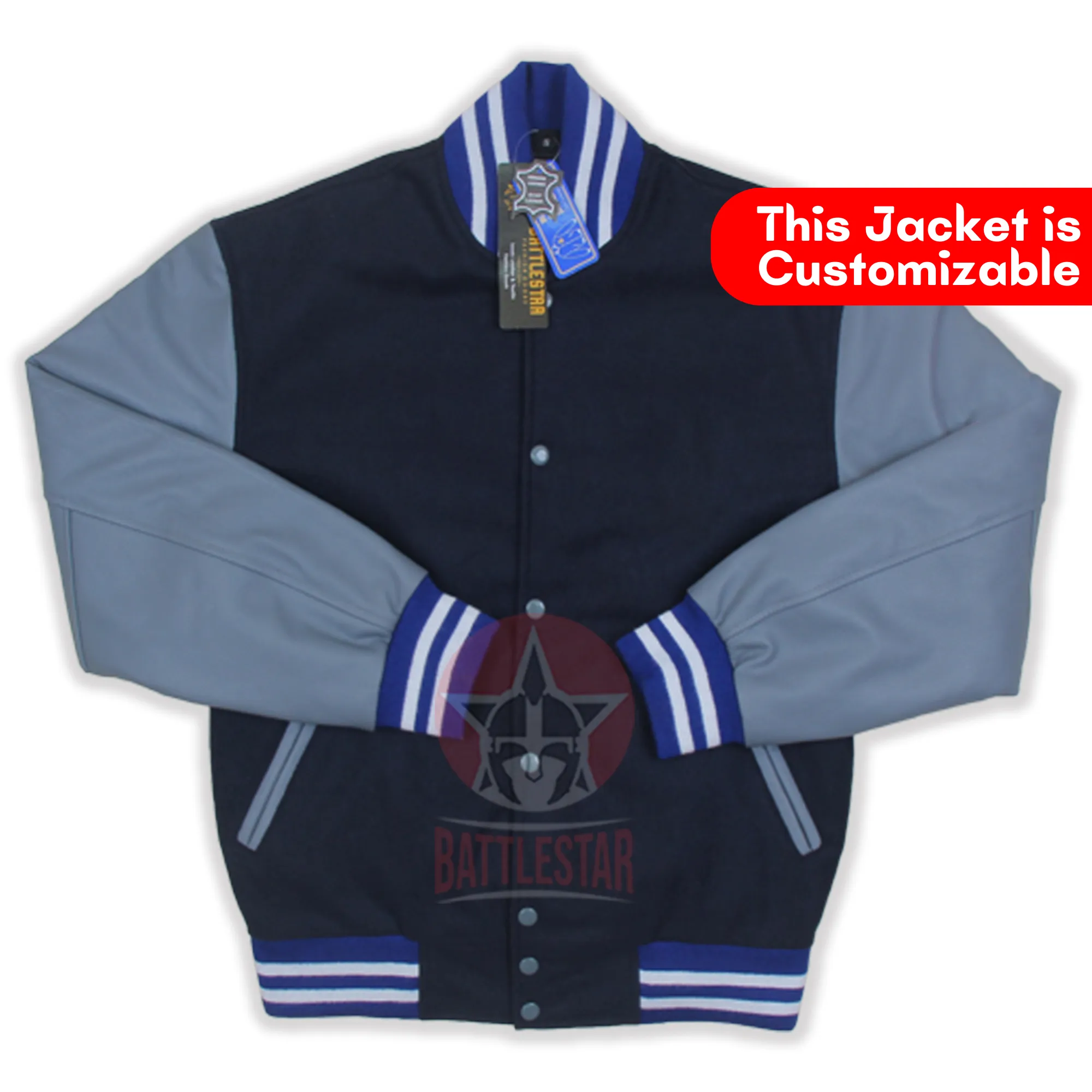 Navy Blue Wool Gray Leather Sleeves Varsity Jacket