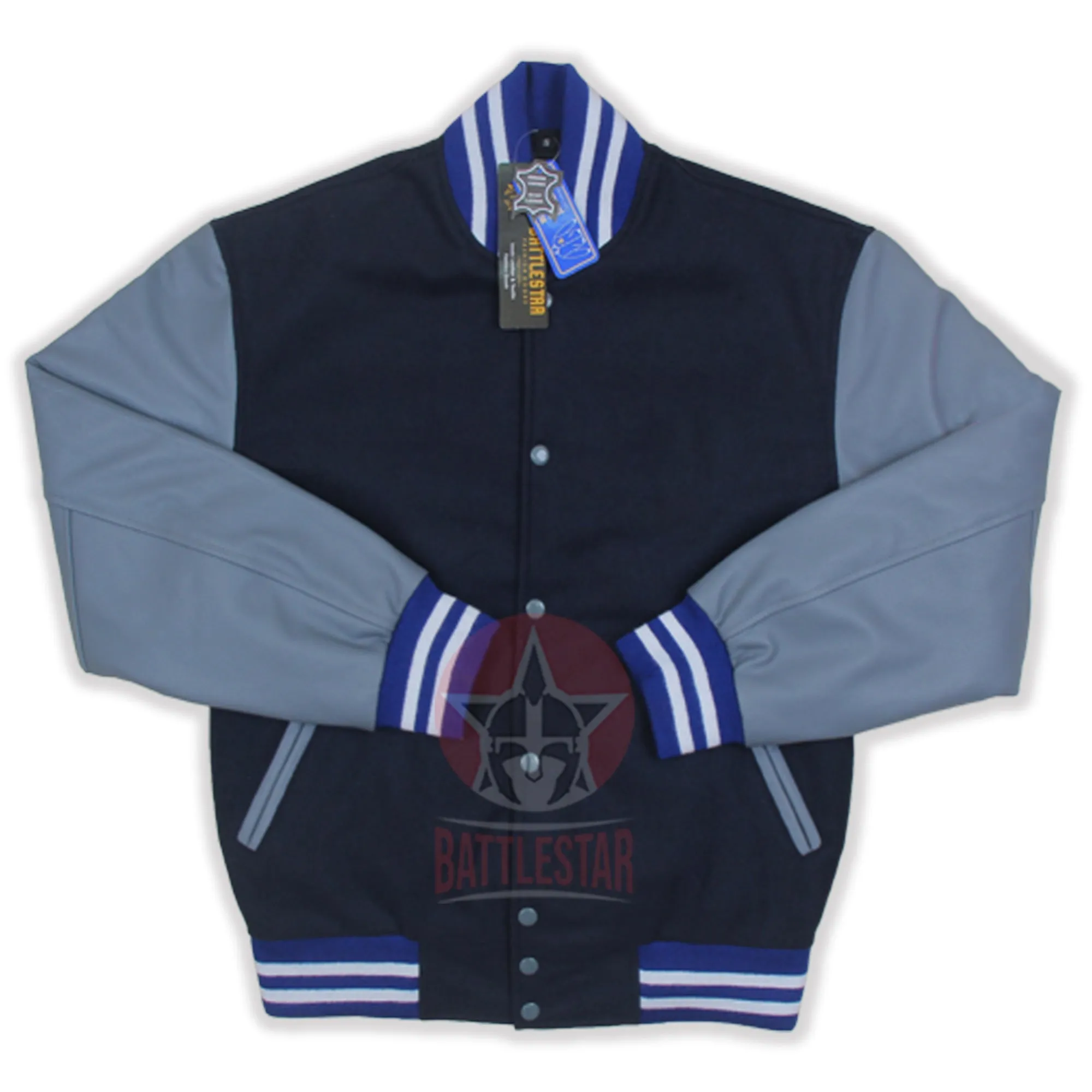 Navy Blue Wool Gray Leather Sleeves Varsity Jacket