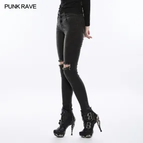 OPK-132 Womens black Knees Broken Holes Punk Jeans Super Slim Elastic Denim Trousers