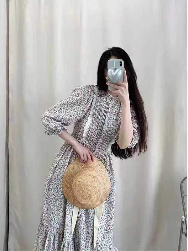 Printed Wooden Ear Collar Lace Puff Sleeve Dresses