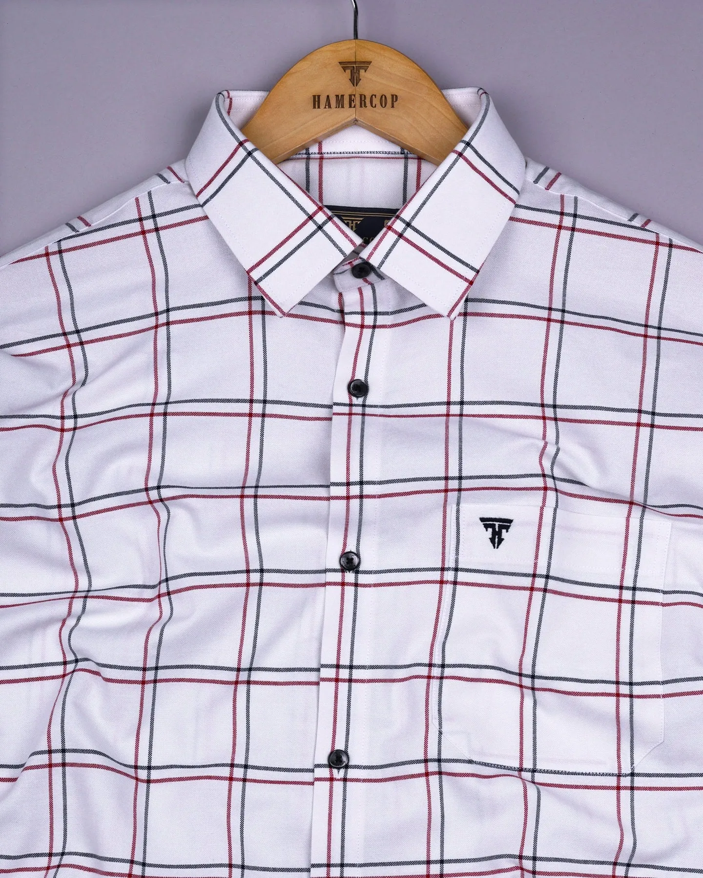 Skeldon Red With Blue Check White Oxford Cotton Shirt