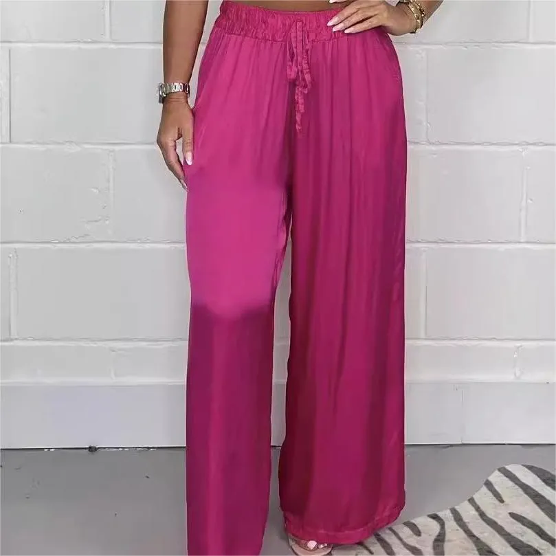 Stylish Drawstring Waist Straight Leg Smooth Loose Trousers with Pockets