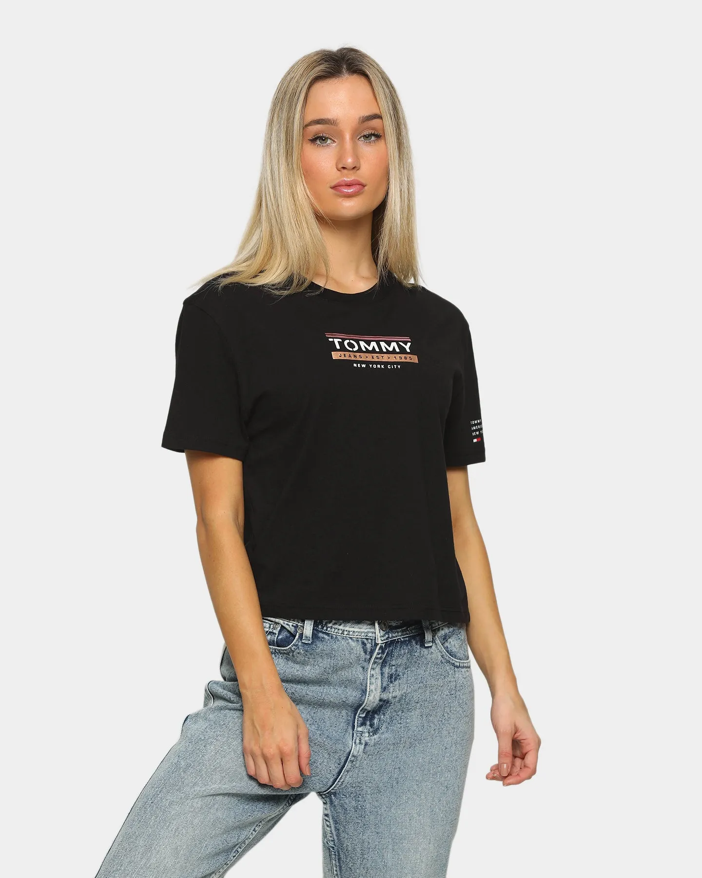 Tommy Jeans Women's TJW Sleeve Detail Logo Cropped T-Shirt Black