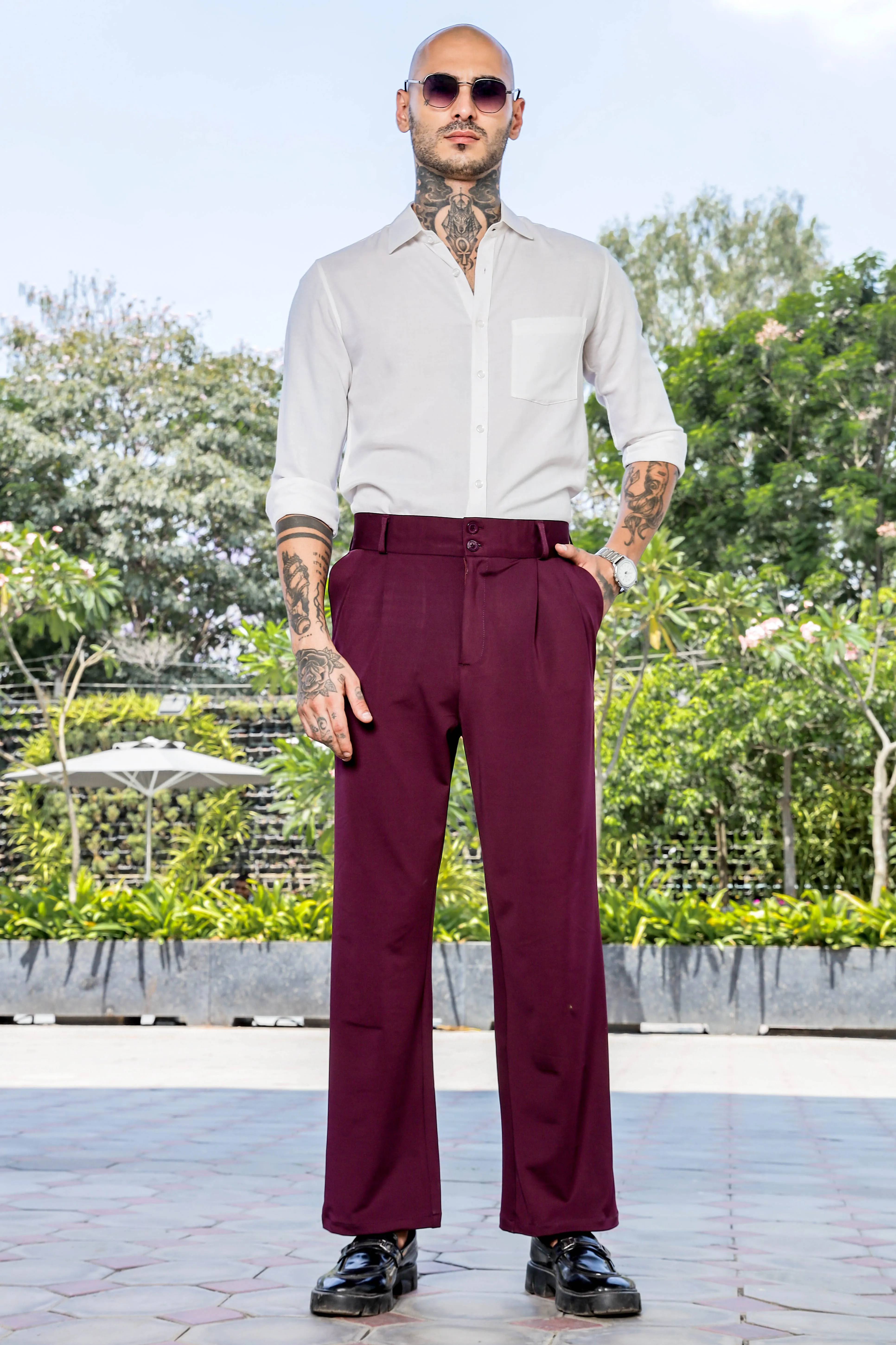 Wine Baggy fit Street Savvy Double Pleated Korean Trousers