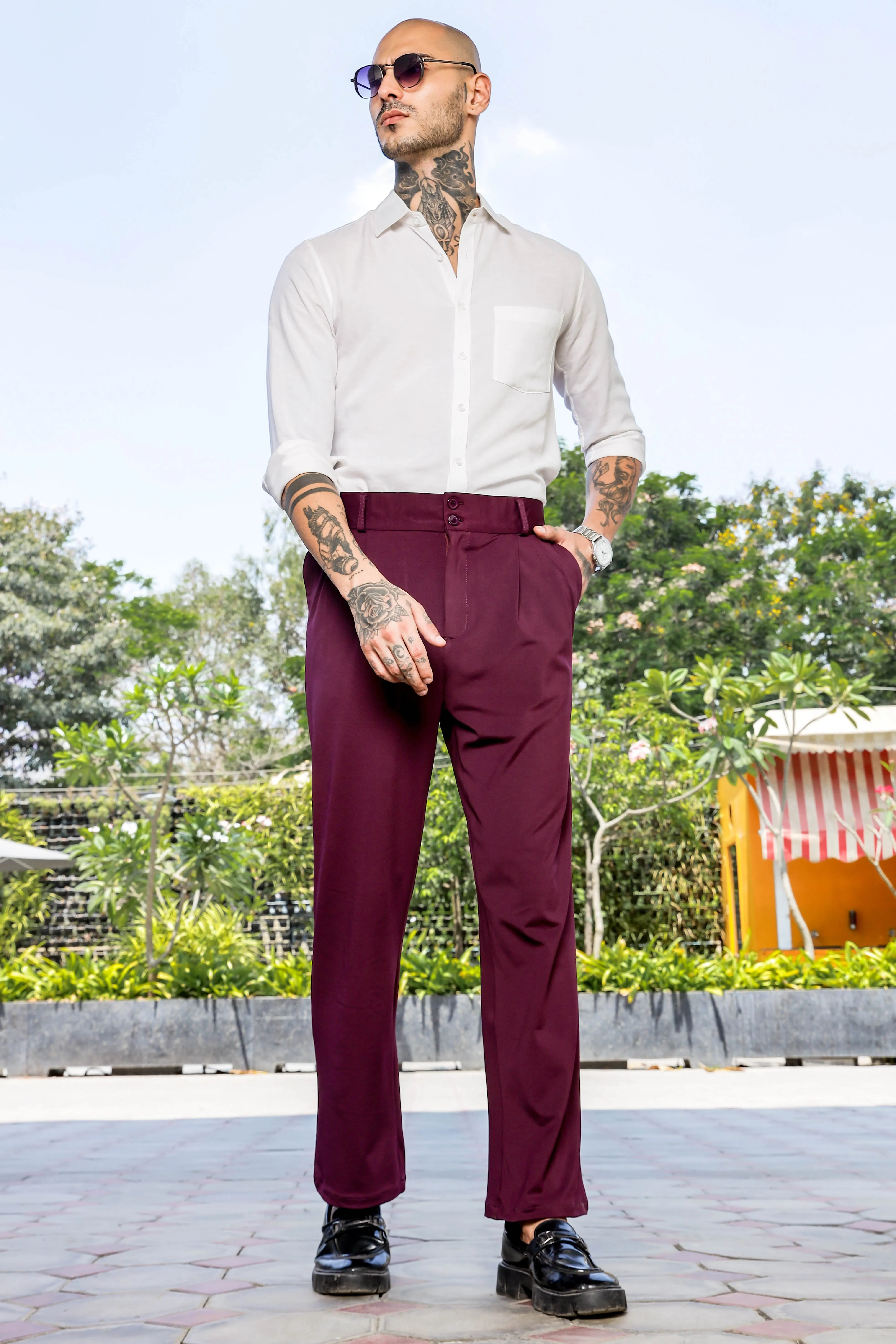 Wine Baggy fit Street Savvy Double Pleated Korean Trousers