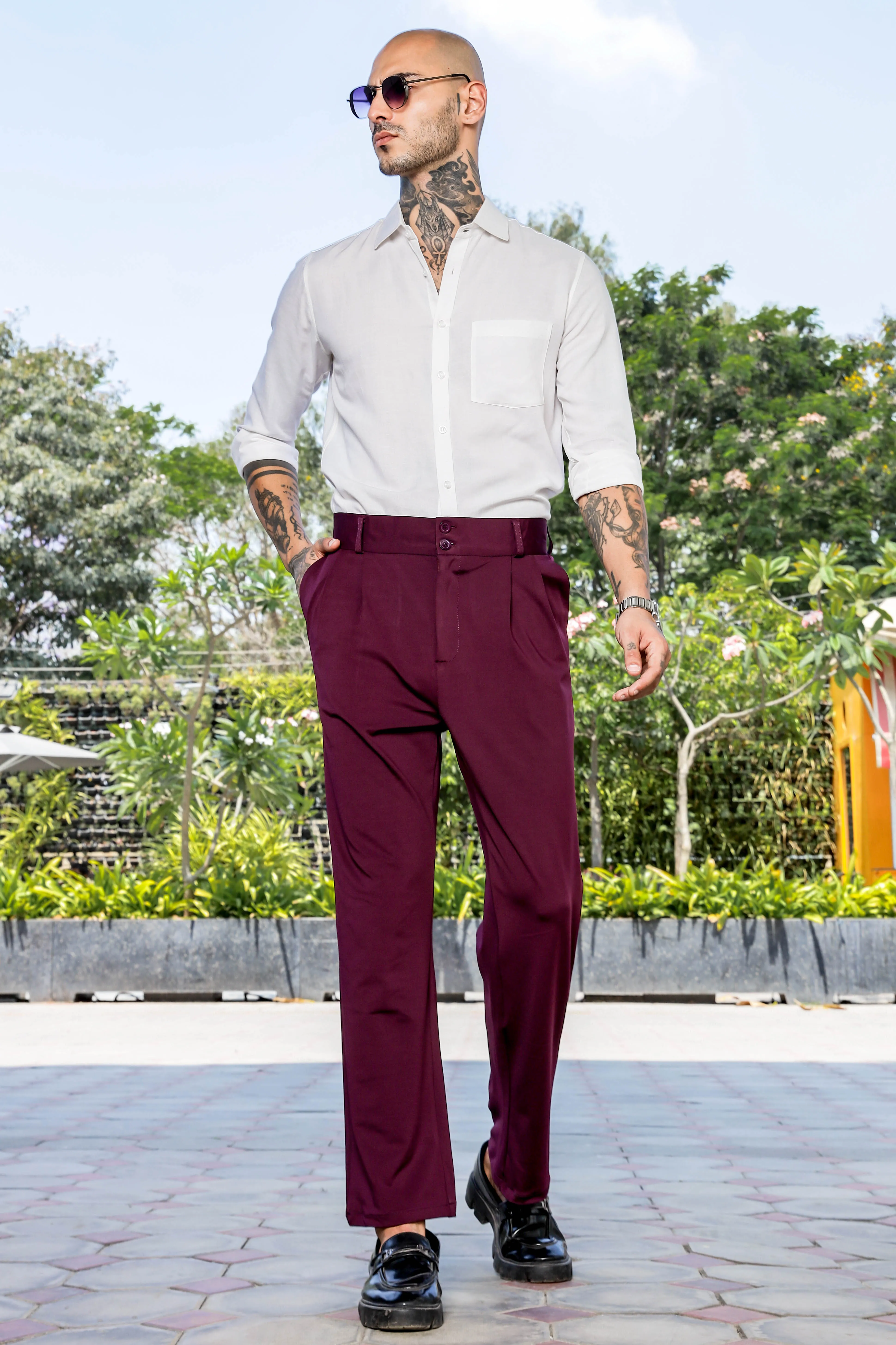 Wine Baggy fit Street Savvy Double Pleated Korean Trousers
