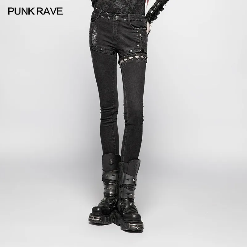 WK-349 Punk Denim Trousers Water-washed Long Jeans