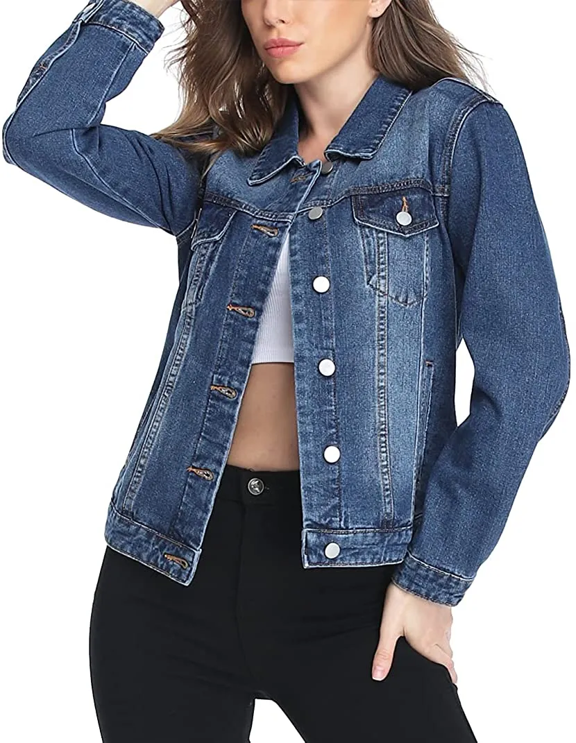 Women's Denim Jackets Button Up Long Sleeve Ripped Vintage Trucker Jackets