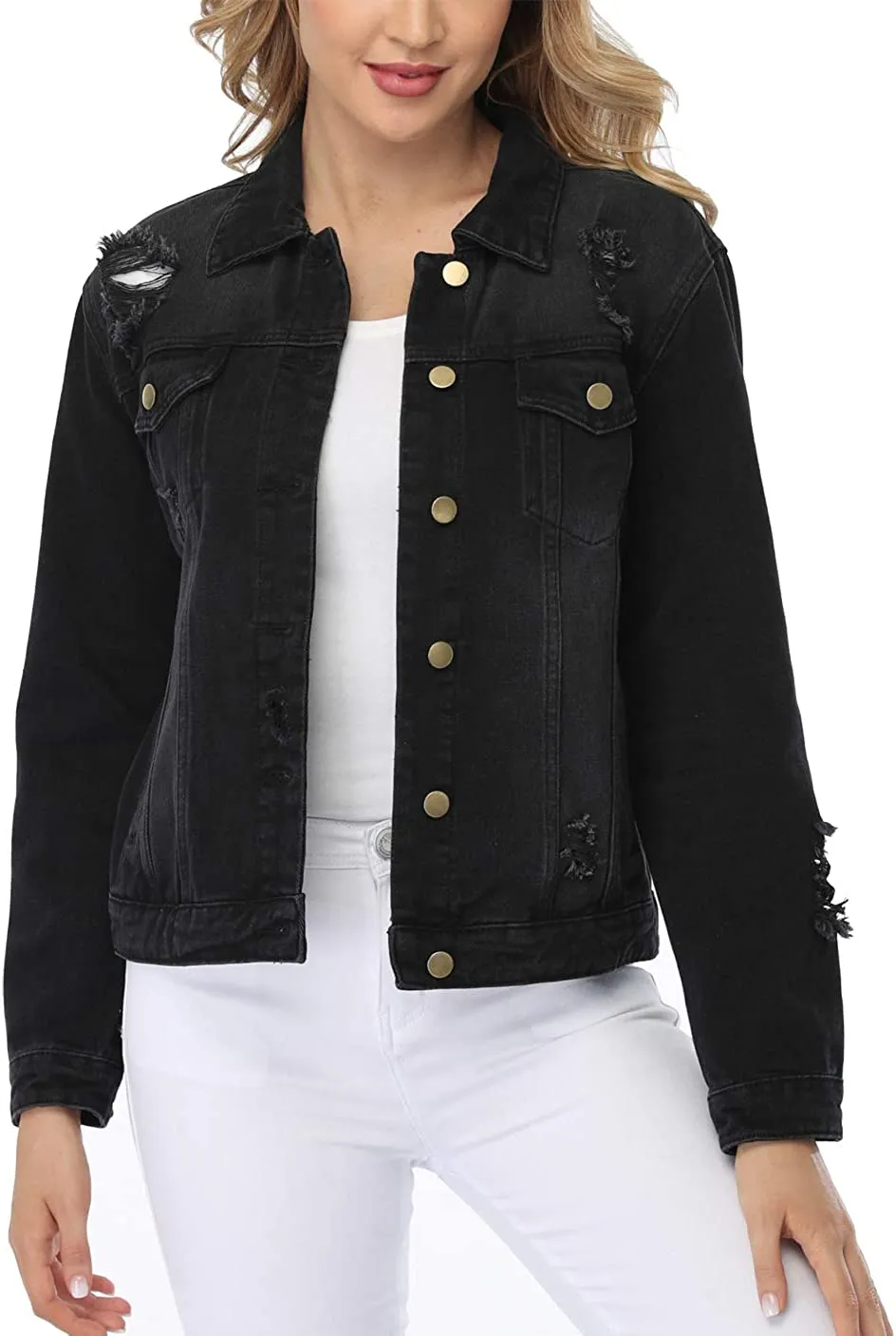 Women's Denim Jackets Button Up Long Sleeve Ripped Vintage Trucker Jackets