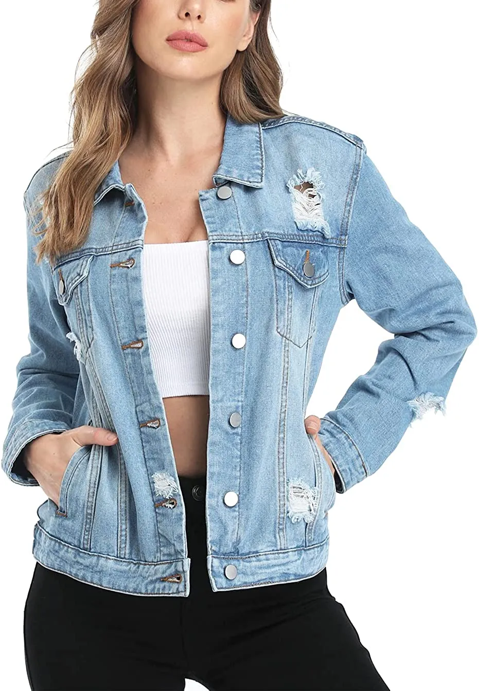 Women's Denim Jackets Button Up Long Sleeve Ripped Vintage Trucker Jackets