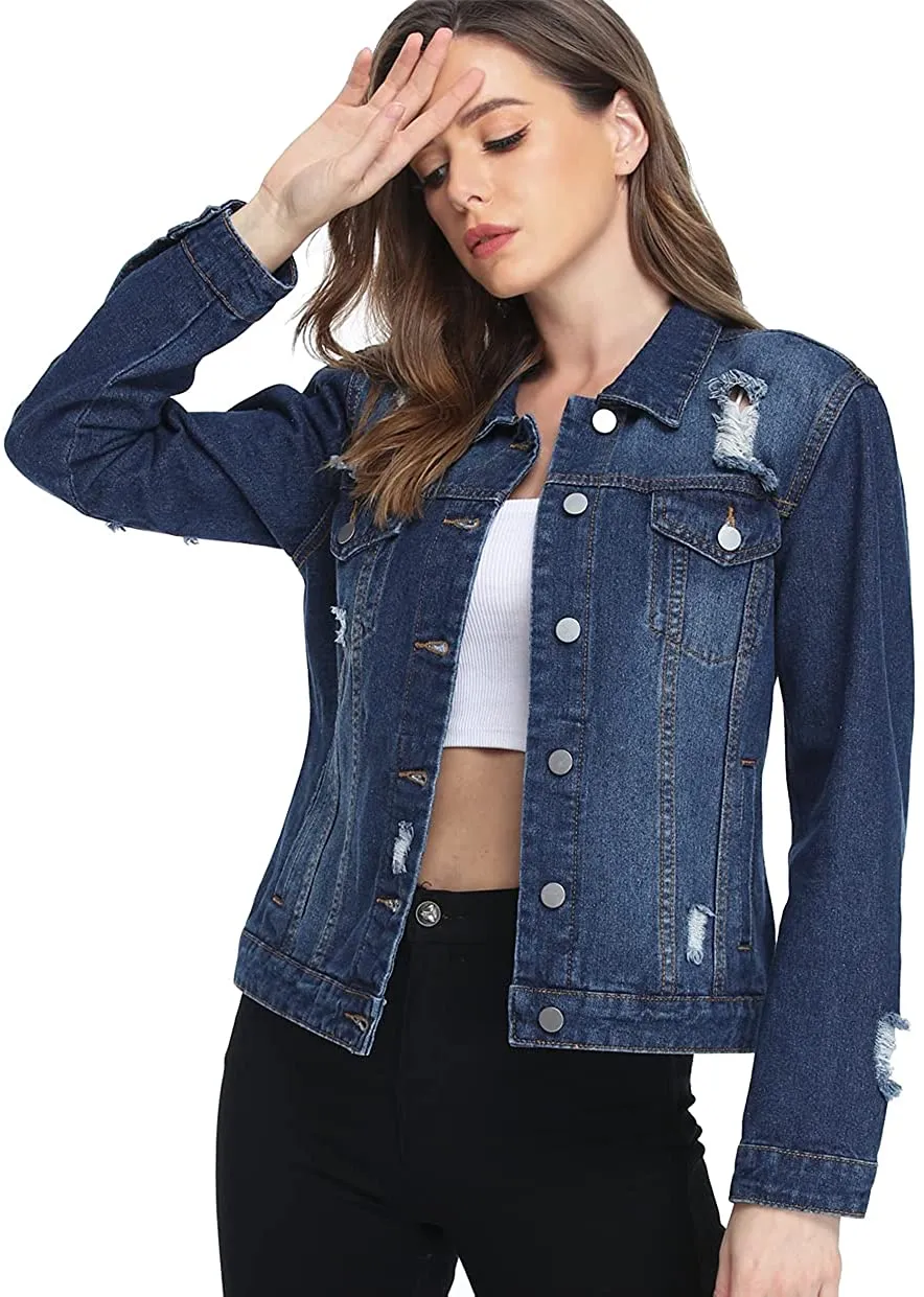 Women's Denim Jackets Button Up Long Sleeve Ripped Vintage Trucker Jackets