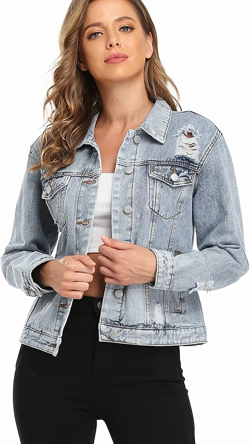 Women's Denim Jackets Button Up Long Sleeve Ripped Vintage Trucker Jackets