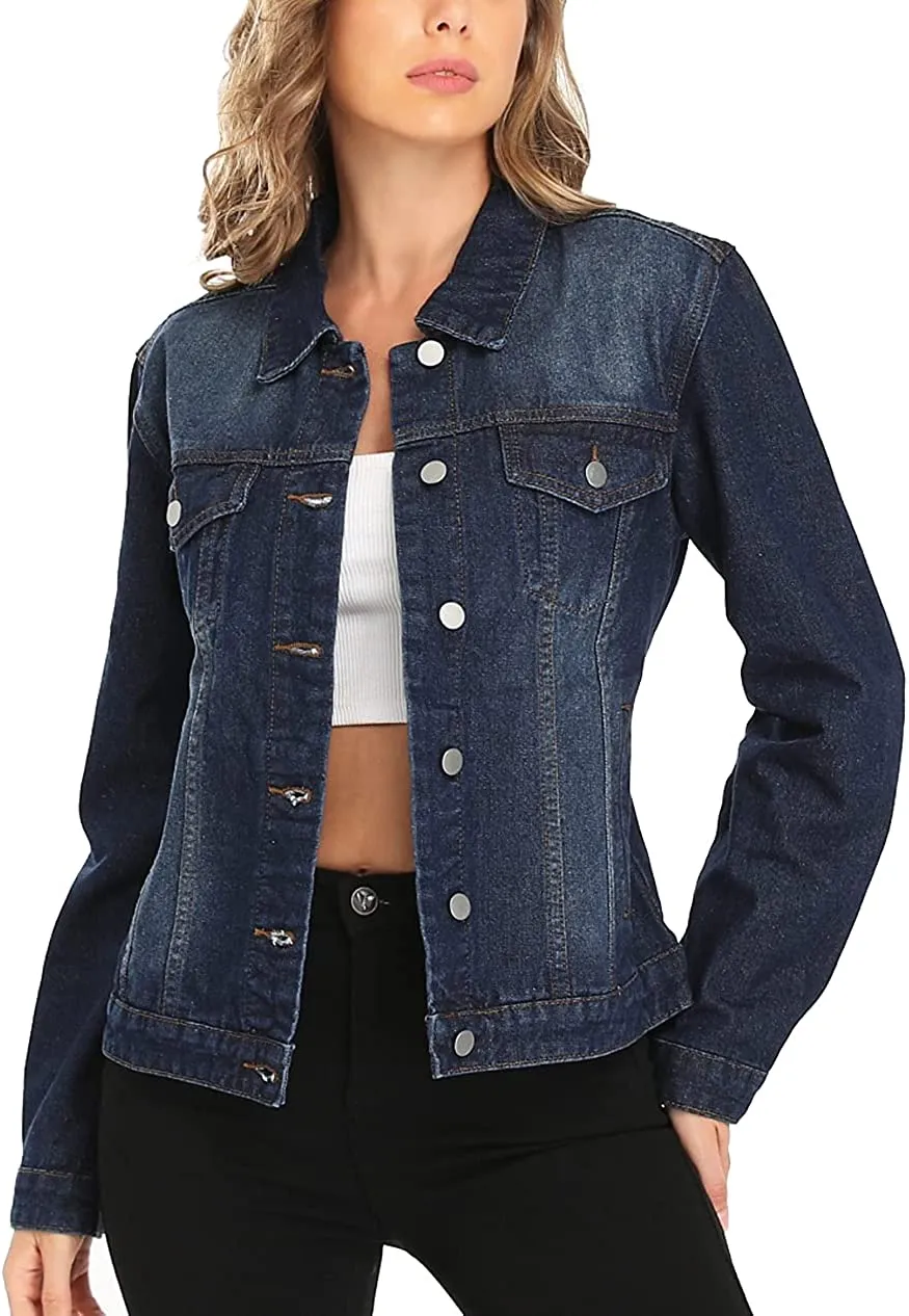 Women's Denim Jackets Button Up Long Sleeve Ripped Vintage Trucker Jackets