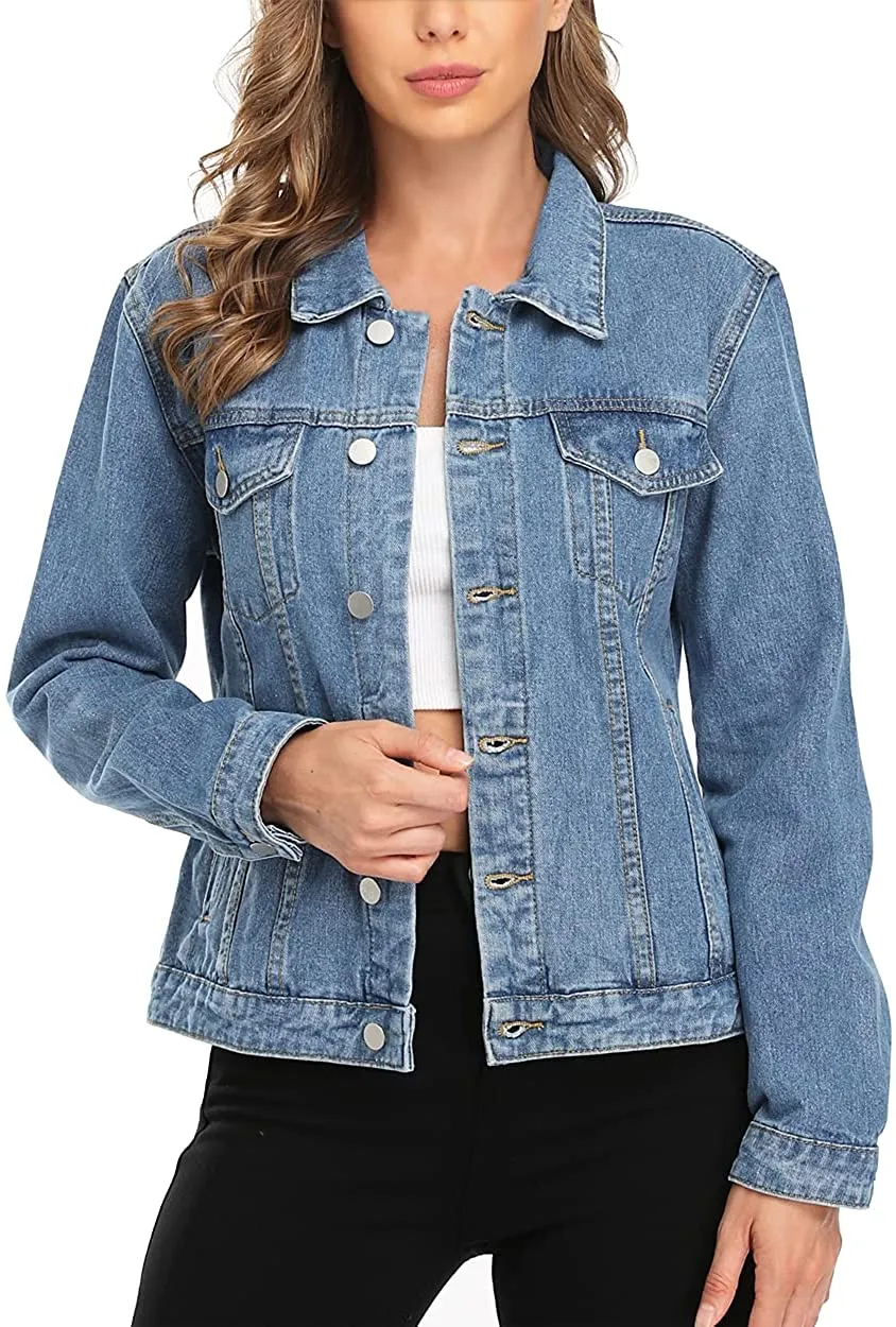 Women's Denim Jackets Button Up Long Sleeve Ripped Vintage Trucker Jackets