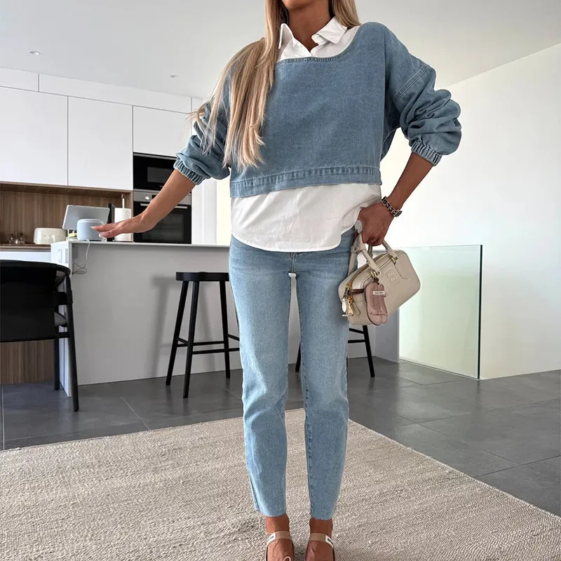 💖Women's Fashion Long Sleeve Denim Top & Pants Two Piece Set