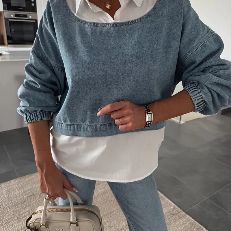 💖Women's Fashion Long Sleeve Denim Top & Pants Two Piece Set