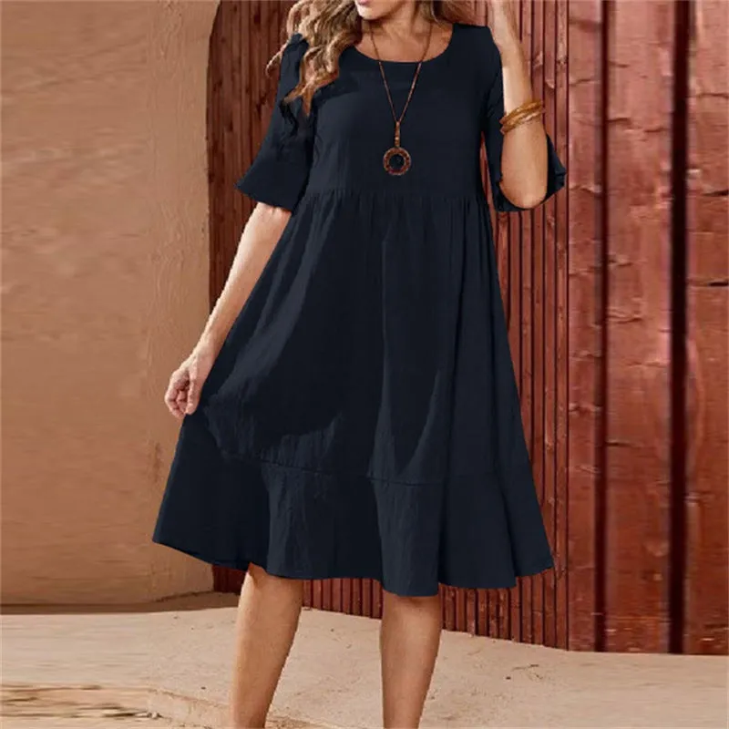 Women's Solid Color Loose Pleated Round Neck Dresses