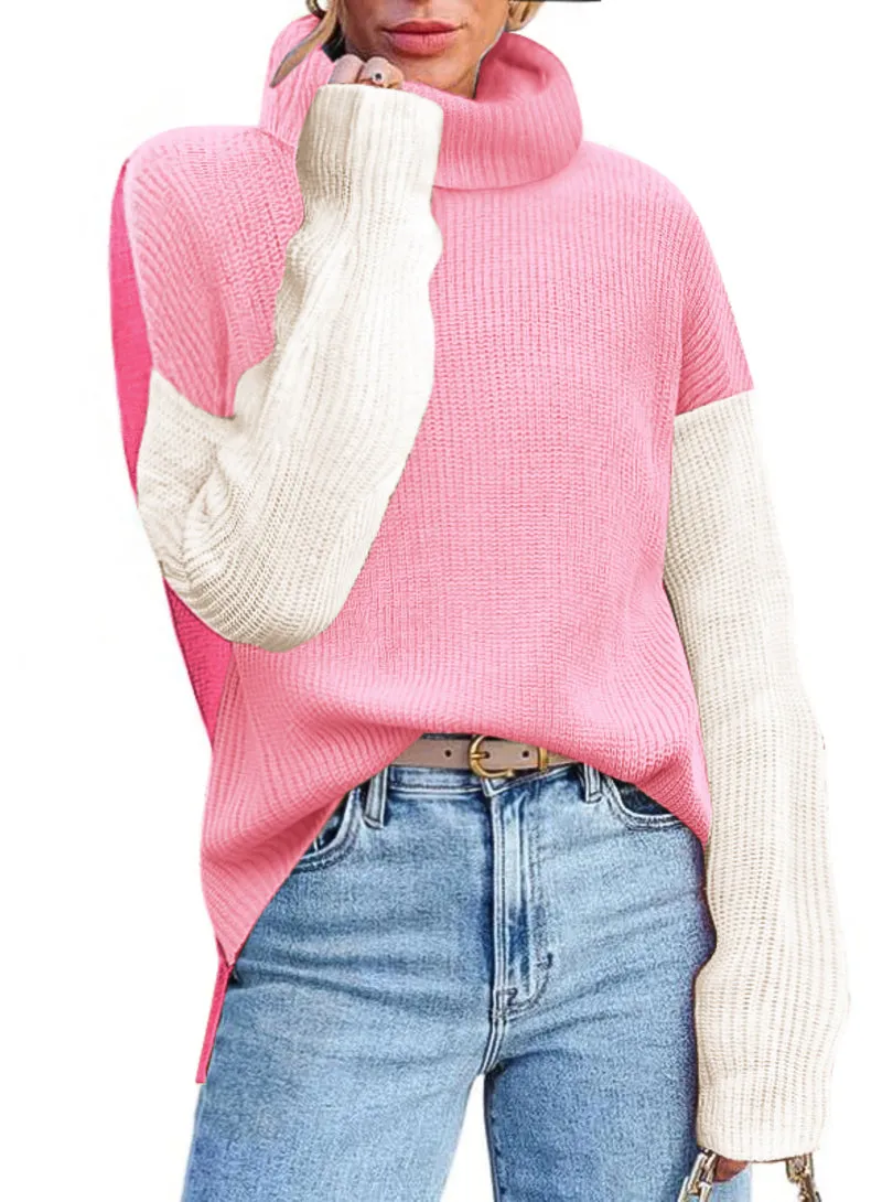 Zeagoo Womens Turtleneck Sweaters Color Block Cozy Knit Pullover