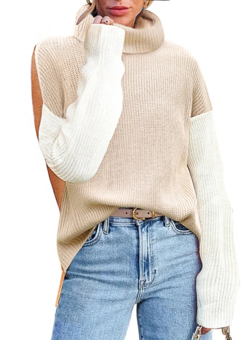 Zeagoo Womens Turtleneck Sweaters Color Block Cozy Knit Pullover