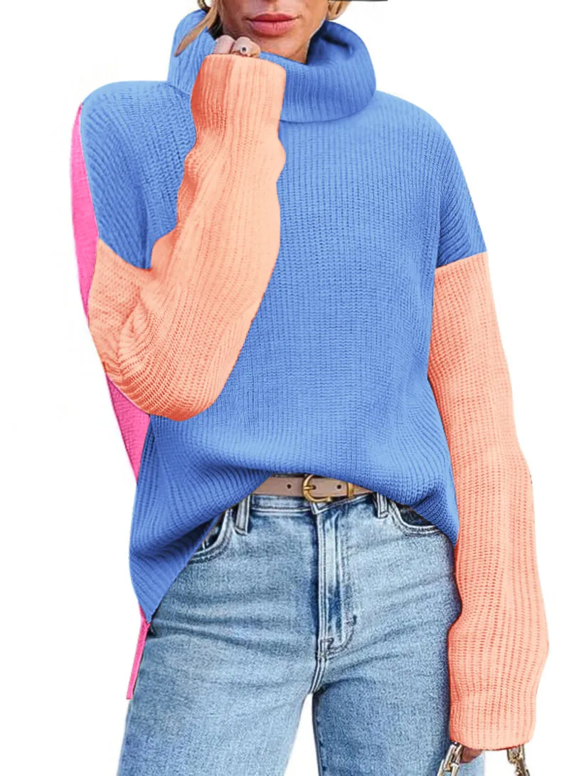 Zeagoo Womens Turtleneck Sweaters Color Block Cozy Knit Pullover
