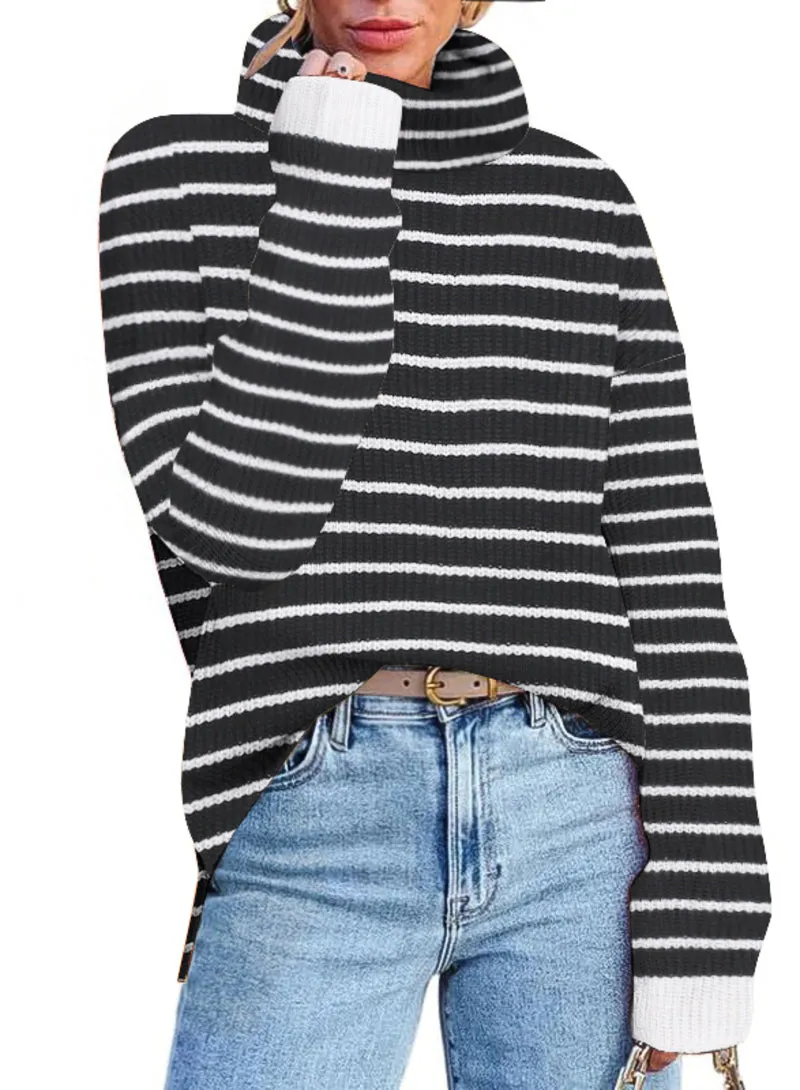 Zeagoo Womens Turtleneck Sweaters Color Block Cozy Knit Pullover
