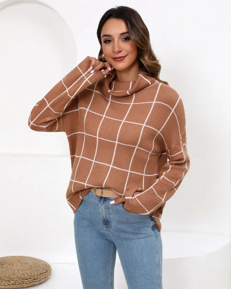 Zeagoo Womens Turtleneck Sweaters Color Block Cozy Knit Pullover