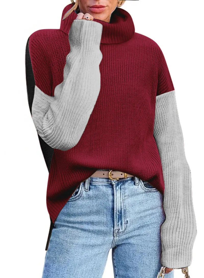 Zeagoo Womens Turtleneck Sweaters Color Block Cozy Knit Pullover