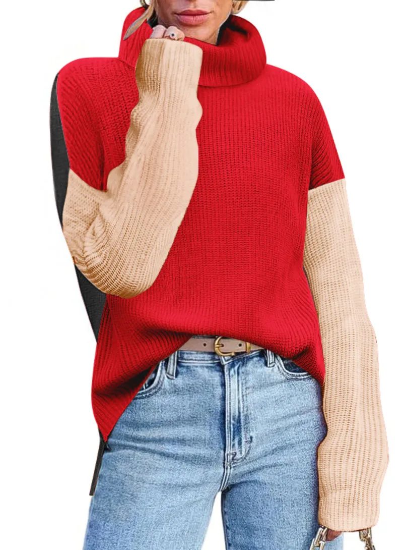 Zeagoo Womens Turtleneck Sweaters Color Block Cozy Knit Pullover