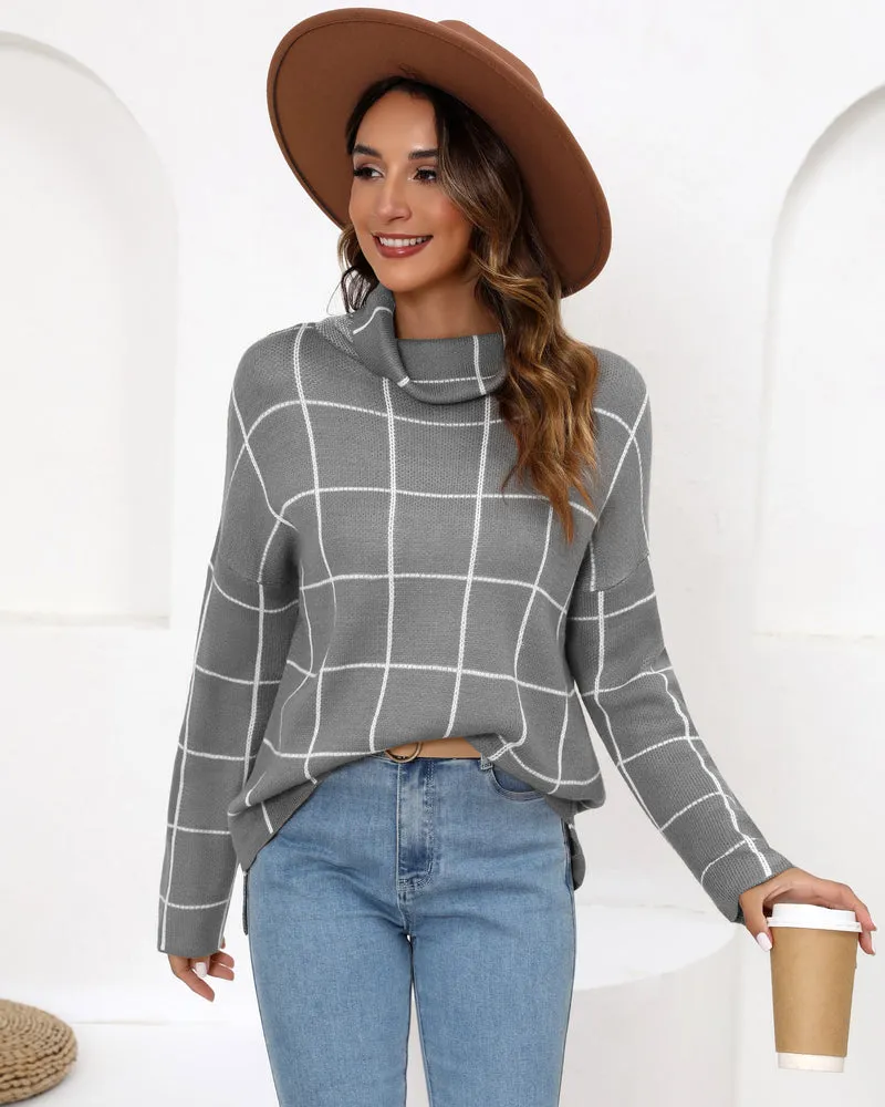 Zeagoo Womens Turtleneck Sweaters Color Block Cozy Knit Pullover