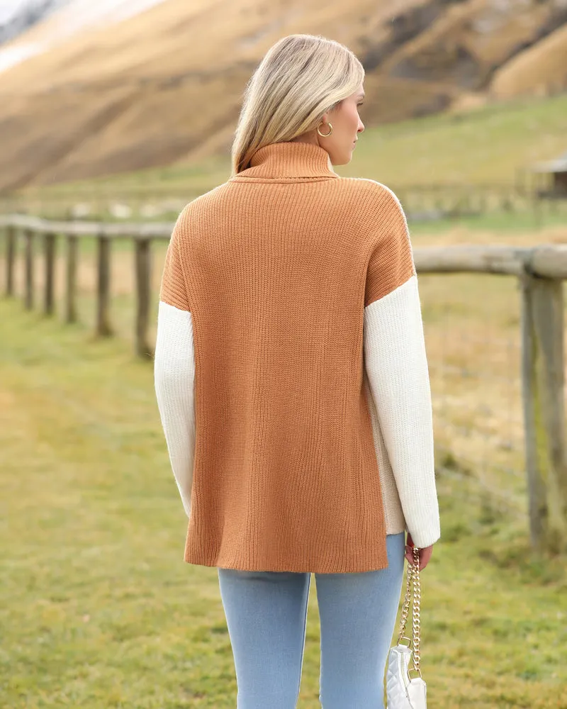 Zeagoo Womens Turtleneck Sweaters Color Block Cozy Knit Pullover