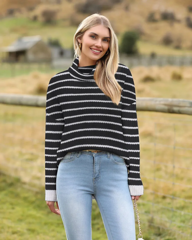 Zeagoo Womens Turtleneck Sweaters Color Block Cozy Knit Pullover