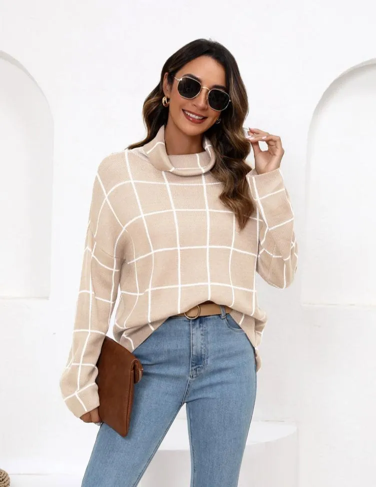 Zeagoo Womens Turtleneck Sweaters Color Block Cozy Knit Pullover