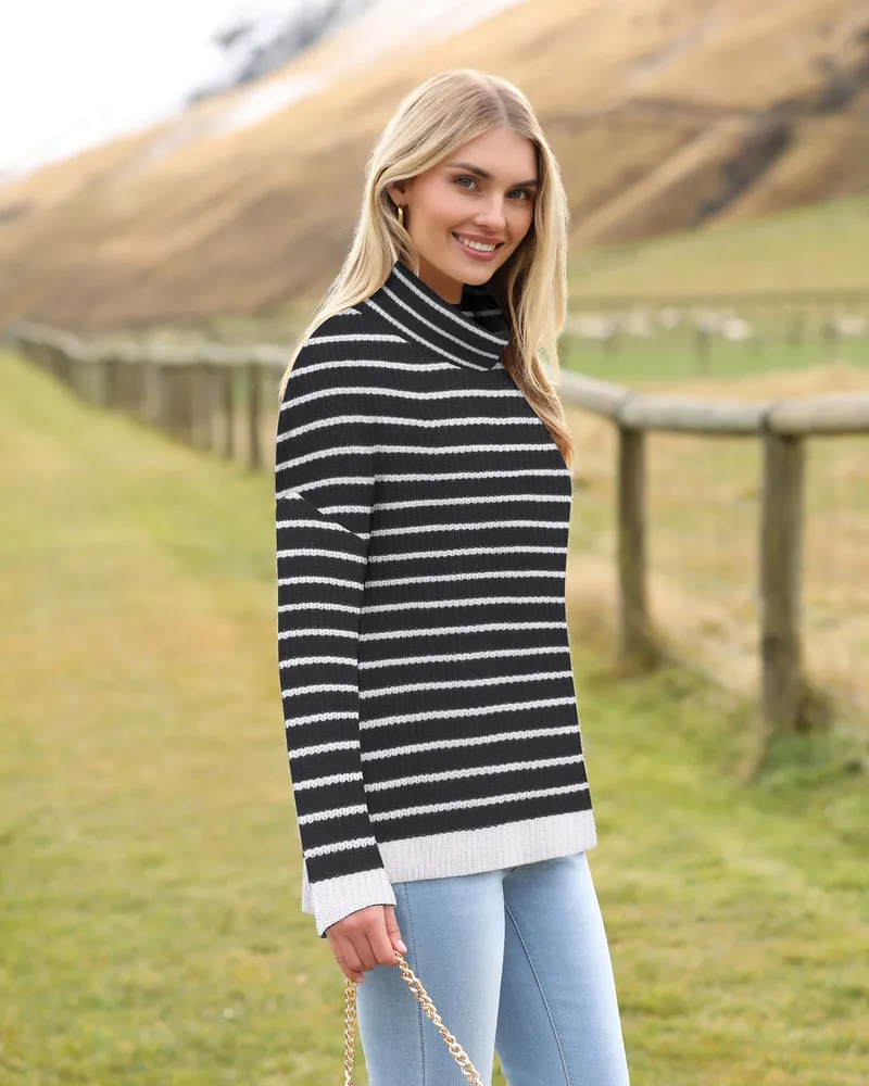 Zeagoo Womens Turtleneck Sweaters Color Block Cozy Knit Pullover